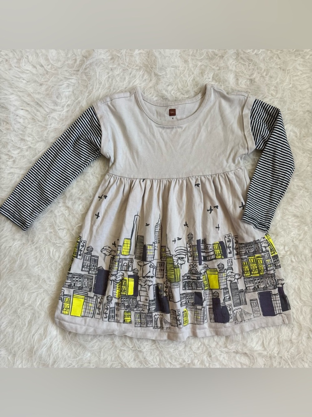 Tea Collection Girls' Neutral Cityscape Dress with Striped Sleeves